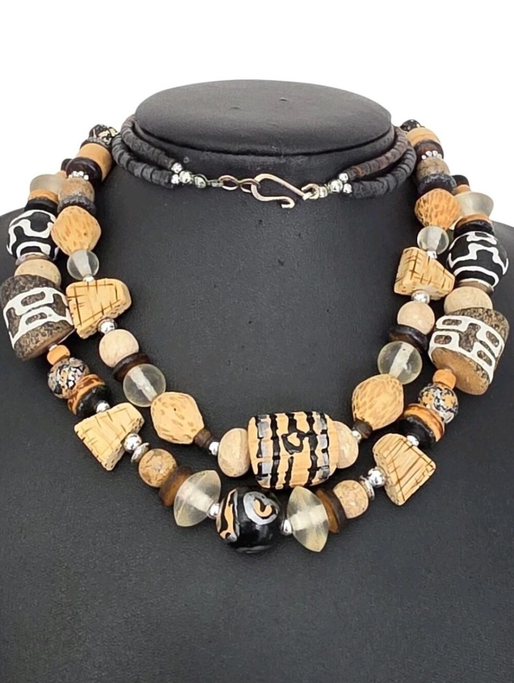Vintage Double Strand Mixed Bead Statement Tribal Necklace Boho 24"